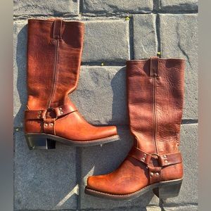 FRYE Cognac Square Toe Harness Boots Size 10W/8.5M
